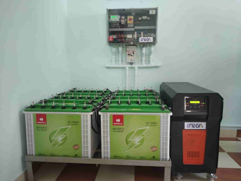 Solar battery bank with inverter and wall-mounted electrical distribution equipment